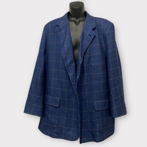 T. Harris 100% Silk Blue & Cream Window Pane Print Blazer Suit Jacket Size XXL